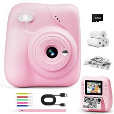 CAMCLID 아동용 카메라 인스턴트 프린트 1080P HD 아동용 인스턴트 카메라 32G 카드 및 3롤 프린트 용지 휴대용 유아 장난감 만 3-12세 남아 여아용 크리, 핑크