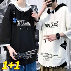 AOUGK 1+1 남성 티셔츠 여름 얇은 후드 프린팅 반팔 티 칠부 티셔츠 루즈핏 캐주얼 티셔츠