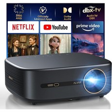 Alvar 빔프로젝터 가정 캠핑 알바 스마트 프로젝터 2026 업그레이드 2000 ANSI 4K 지원 NetFiix 앱 DoIby 오디오 및 50W 스피커 오토 포커스 WiFi, Black