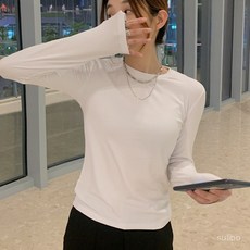 300그램 고탄력 리브 조직 순백색 긴팔 티셔츠 여성용 슬림핏 다용도 단색 이너웨어 슬림핏 상의