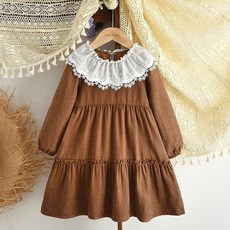 bear leader 女童春秋刺繡蕾絲長袖公主連衣裙 咖啡色