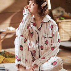 가을과 겨울 산호 양털 잠옷 여성 겨울 패딩 플러스 벨벳 플란넬 홈 의류 겨울 2021 새로운 정장, 스트라이프 딸기 카디건, 1개, XL 코드