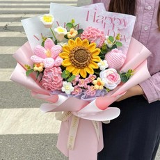 뜨개 꽃다발 니트 재료 세트 시들지 않는 꽃 완제품 해피핑크, 트루레드