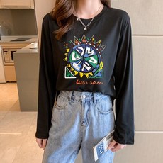 여성 라운드 긴팔 수유티 여성용 컬러풀 레터링 프린트 코튼 긴팔 수유 티셔츠 LT