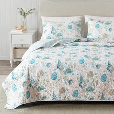 GREAT BAY HOME COASTAL 퀼트 세트 해상 블루 침대보 경량 침구 사계절용 사이즈 캘리포니아 3피스 양면 불가사리, 풀/퀸, 블루 코랄