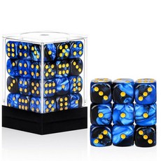 해외 Handan 24팩 16MM 6면 주사위 세트 반투명 색상 D6 게임 Yahtzee Bunco 또는 교육 수학을 위한 표준 휴대용 파우치 포함옐로우 미국매장정품+ 1723, 블루 블랙 소용돌이.