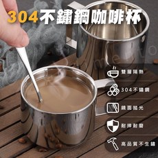 雙層隔熱不燙手304不鏽鋼咖啡杯 時尚美觀下午茶露營好用, 1個, 套裝3件組(180ml杯＋盤＋湯匙)