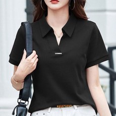 여성용 여름 골프 심플 캐주얼 카라 브이넥 반팔 티셔츠 여성 반소매 무지 반팔티 면 카라티 오버핏 티셔츠 5color