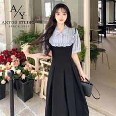 ANYOU 블랙 여성 원피스 학원풍 여름원피스 데일리룩 빅사이즈원피스 루즈핏 셔츠원피스 하객룩 바캉스룩 오피스룩