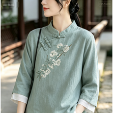 HANLIN 여성 캐주얼 면 마 자수 라운드 개량한복 칠부 소매 긴팔 블라우스