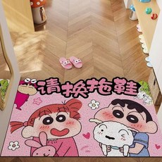 臺灣-出貨【新款】蠟筆小新家用入戶進門玄關地毯水晶絨吸水除塵颳泥蹭土臥室地墊, 1個, 換鞋子小新遛狗,100*120cm【玄關尺寸】