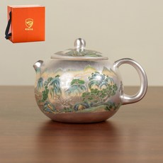 999純銀粉陶瓷鎏銀手繪錦繡山河西施壺銀壺送長輩領導生節日禮品, 1個, 1L, 全鎏銀錦繡山河西施壺-官方禮盒裝:101mL(含)-200mL(含)