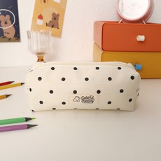 도트 코듀로이 필통 브라운 아이보리 컬러 귀여운 감성 파우치형 펜슬케이스, 화이트
