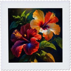 3d 로즈 프리티 오렌지와 옐로우 히비스커스 꽃 - 퀼트 스퀘어 qs-382769-2, 6x6 inch quilt square