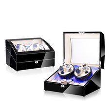 自動上鍊盒 鋼琴烤漆 全自動靜音 四格搖錶器 六格收藏盒 開蓋停 LED氣氛燈, 1個, 黑白
