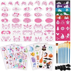 페이스 페인팅 페인트 72PCS 성인용 스텐실 키트 할로윈 크리스마스 축제 파티를 위한 10가지 브러시 메이크업 스펀지 글리터 젬 타투 스티커가 포함된 재사용 가능한 템플릿, multicolor