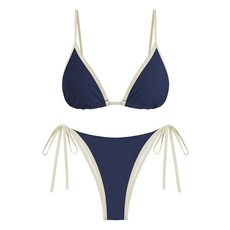 ZAFUL 여성용 삼각형 컬러 블록 홀터 비키니 세트 투피스 수영복 치키 끈 팬티 하의 해변 수영복 여름 휴가용 A05 네이비 블루 M