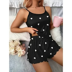5가지 사이즈 가능 S M L XL 2XL 여성용 투피스 서스펜더 하트 프린트 탑과 반바지 여성 캐주얼 파자마 세트