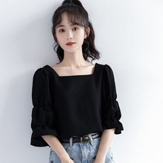 해피유통 여성 스퀘어넥 캐주얼 무지 심플 5부 셔츠 jhz