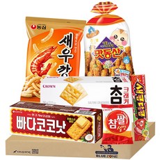 [블루존] 추억의 소소 B세트 (맛동산90g+빠다코코낫100g+새우깡미니30g+참크래커56g+새콤달콤딸기29g+참쌀설병낱개9g), 1개