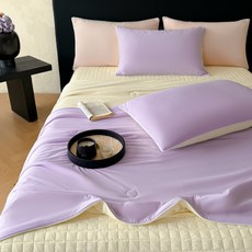 新款仿錦氨涼感夏被牀蓋四件套夾棉純色輕奢涼感絲滑夏涼被空調被, 紫陌柔黃