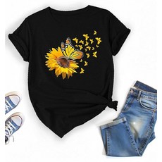 보헤미안 해바라기 나비 티셔츠 귀여운 야생화 반팔 티셔츠 (US 알파 XX-라지 레귤러 레귤러 컬러 B), 색상 C