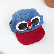 도그웨그 패션 썬구리 썬캡 모자 세트 강아지 고양이 여름 모자 썬글라스, 1개, 진청
