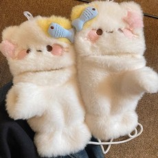 秋冬必備好物 敲可愛 卡通貓咪毛絨手套 秋冬學生加絨百搭 半指翻蓋防寒保暖潮