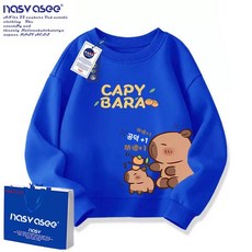 카피바라 캐릭터 맨투맨 티셔츠 순면 아동 봄 라운드 여아 초등학생 남아 키즈 긴팔 상의, 1개, 833 블루