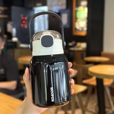 新款316不鏽鋼保溫杯兒童大容量茶水杯高顏值杯女生吸管大肚杯, 黑色:500ml, 1個, 1L