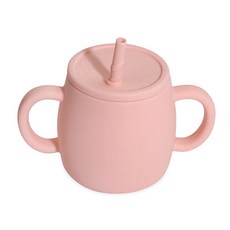 寶寶學習餐具套組，餐盤可分格，好握叉匙，鴨嘴吸管學習杯，矽膠安全無毒，強力吸盤, 1個, 粉色吸管學飲杯