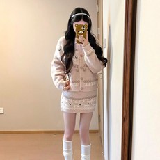 여성 봄 스커트 세트 빈티지 니트 카디건 + 힙업 스커트 세트 데일리 여자 투피스 세트 YXF