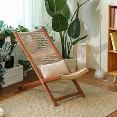 SeekFun 접이식 야외 의자 정원 테라스 체어 카페 라우지 의자 라탄 우드 튼튼한 등받이 낮잠 리클라이너, 브라운, 1개