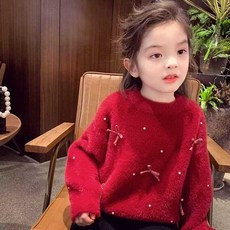 大丫 小丫 兒童仿水貂絨毛衣，蝴蝶結珍珠裝飾針織衫
