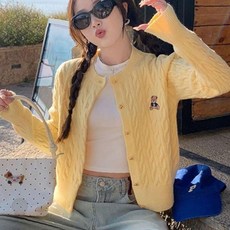 봄가을 여성 케이블 꽈배기 니트 가디건 라운드넥 자수 포인트 데일리 캐주얼