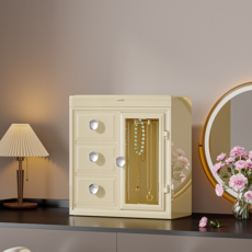 首飾收納盒 項鍊耳釘戒指飾品置物架 桌面收納櫃, 奶黃【實色抽屜】