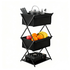 호밍사이 야외 캠핑 수납 선반 + 가방 세트 접이식 가능, 블랙, 1개, 3단