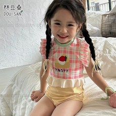 【林豆桑】現貨 SW02 草莓蛋糕泳衣 女童泳裝 泳衣 粉色泳衣 游泳套裝 韓版泳裝 草莓格子