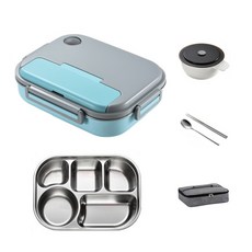 밀폐형 식판도시락통+국통+수저+주머니 세트 라지 5칸1600ML, 블루, 1개