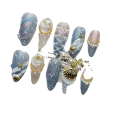 藍色海洋美人魚尾手繪短款穿戴甲, 1個, 2.4CM中杏仁S碼