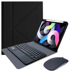 Powerway iPad 10.9吋(Air5/Air4)專用藍牙鍵盤皮套組，立控設計多角度支撐，附贈同色無線滑鼠，一年保固, 尊貴黑(黑色鍵帽/黑色滑鼠), 巧克力式鍵帽