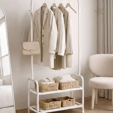 2단 이동식 행거 옷걸이 스탠드 철제 헹거 옷장 선반, 화이트