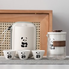 DFMEI 熊貓功夫茶具茶杯套裝便攜式旅行茶具泡茶壺快客茶杯高檔商務禮品, 1個, 條紋熊貓便攜包/三杯:如圖
