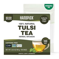 핸드픽 녹차 티백 100개의 USDA 신선함 재밀봉 팩 섬세하고 풍미 있는 인도, 18 Holy Basil Tulsi Tea