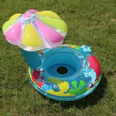 intex 坐圈遮陽泳圈 嬰兒泳圈 寶寶泳圈 兒童游泳圈 充氣坐艇 有靠背小手可抓握 浮排 水上坐艇, 1個, 貼牌遮陽蘑菇（藍色）