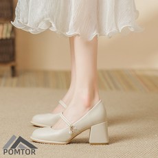POMTOR 여성 세련된 하이힐 데일리 편안한 통굽 스트랩 힐 6CM