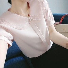 해피유통여성 봄여름 쉬폰 큰 카라 반팔 블라우스 나비 넥타이 버튼 디자인k01