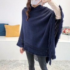 -秋冬女針織寬鬆大碼罩衫春季新款顯瘦寬鬆顯瘦針織衫連帽套頭斗篷, 藏青色