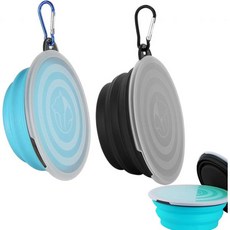 접이식 강아지 사발 2개 세트 뚜껑과 후크가 있는 음수대 급식대 휴대용 실리콘 고양이용 여행용 검정색과 연한 파란색, 접이식 강아지 사발 2개 세트 뚜껑과 후크가 있는 음수