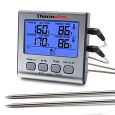 ThermoPro TP17 듀얼 프로브 대형 백라이트 LCD 디스플레이 조리용 음식 주방 온도계, 은색, 1개
